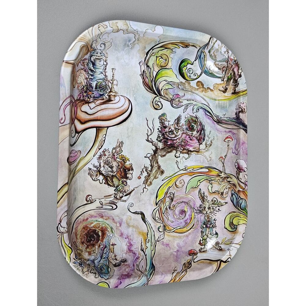 Whimsical Kuhmali Alice In Wonderland Themed Metal Rolling Tray 10x6 Colorful